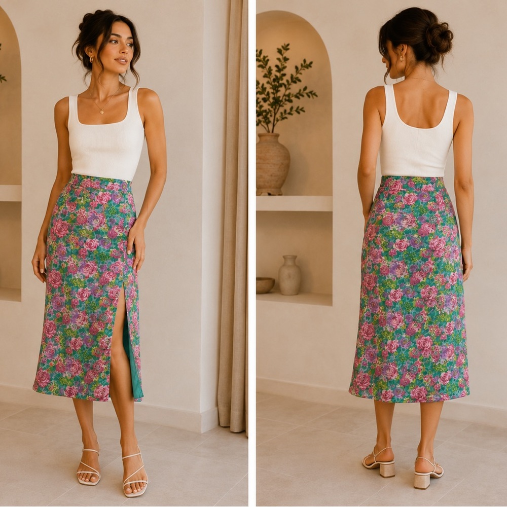 Lulus Floral Midi Skirt Pink Green Side Slit Size L